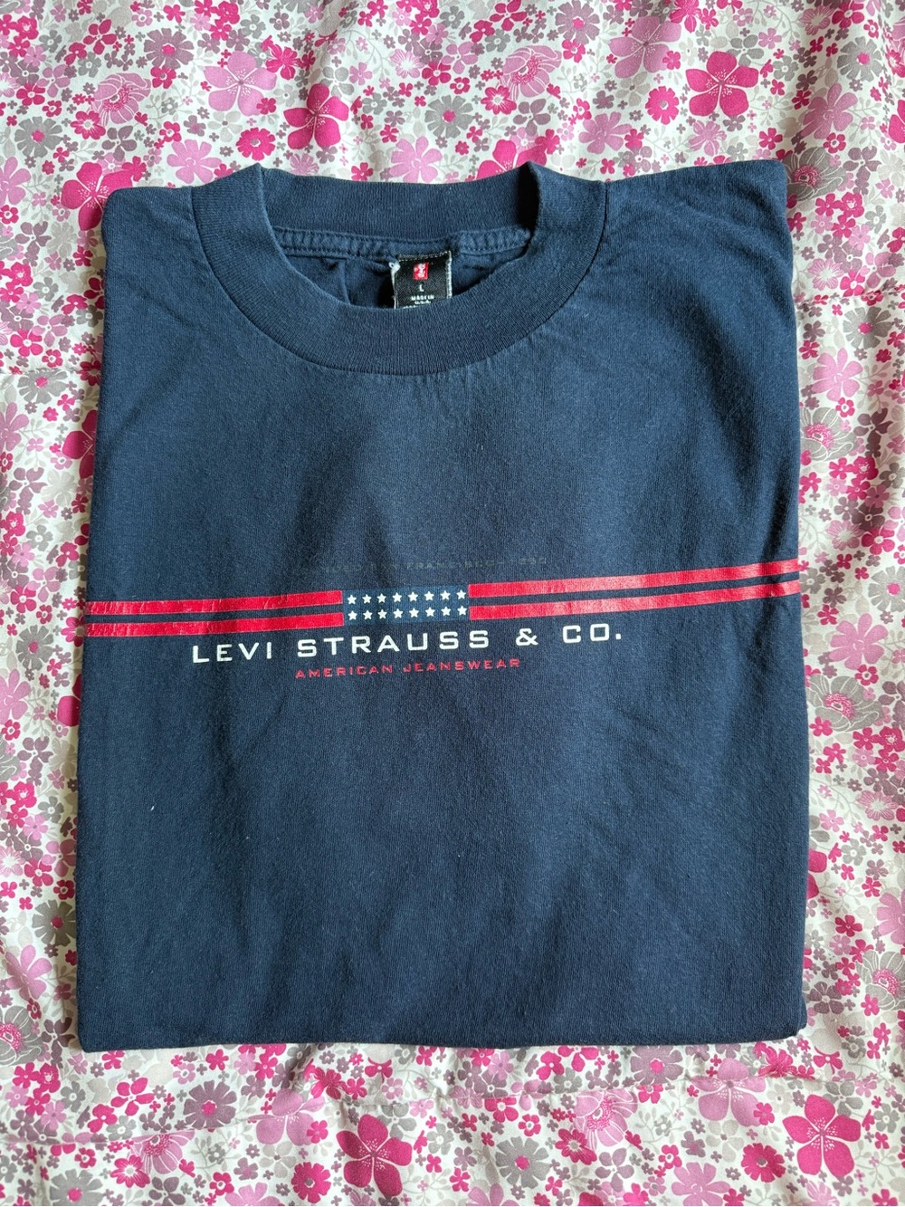 Signature by Levi Strauss Navy Tee with Red and White Flag Graphic